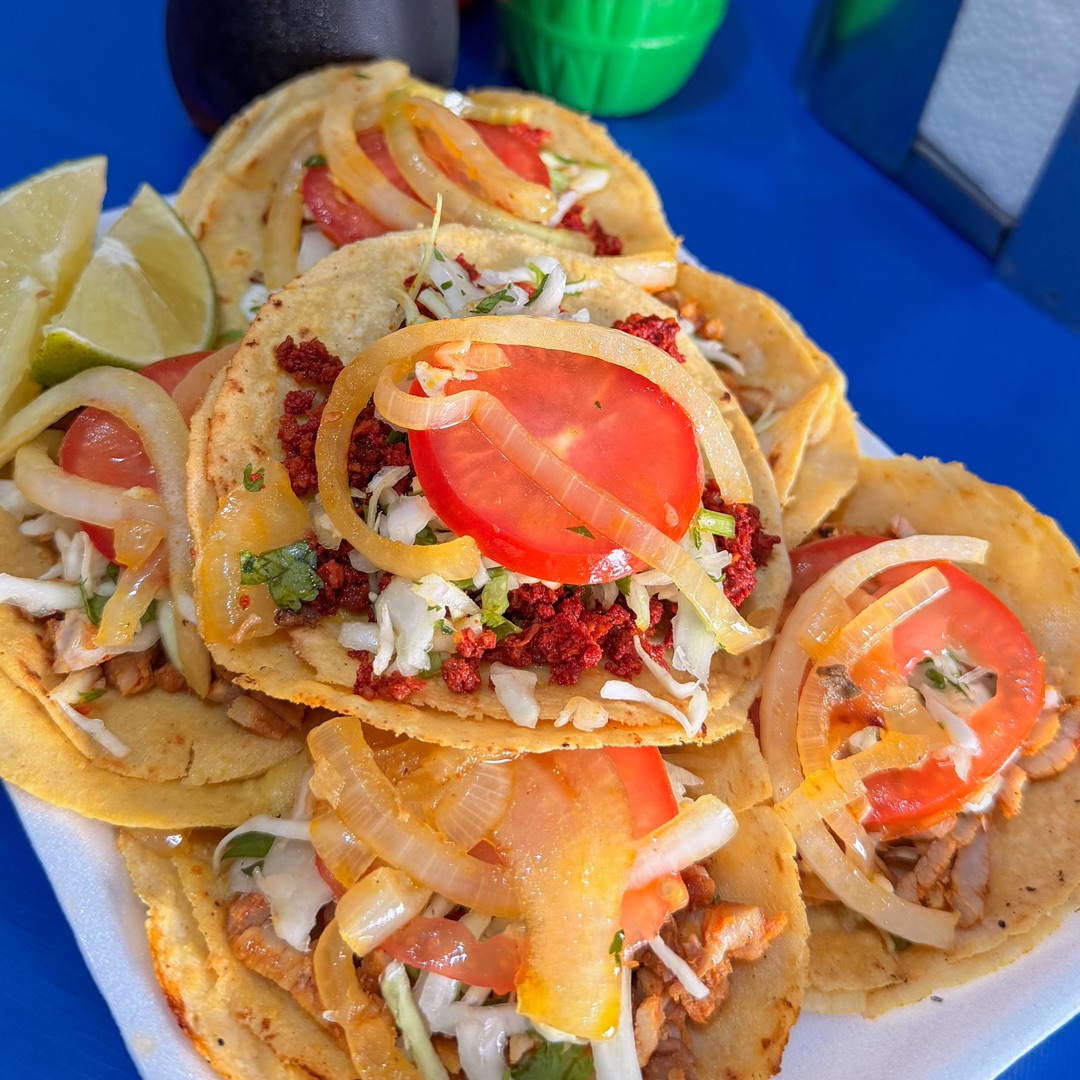 Orden variada de tacos de Tacos Manuel con cebolla, tomate, col y limón